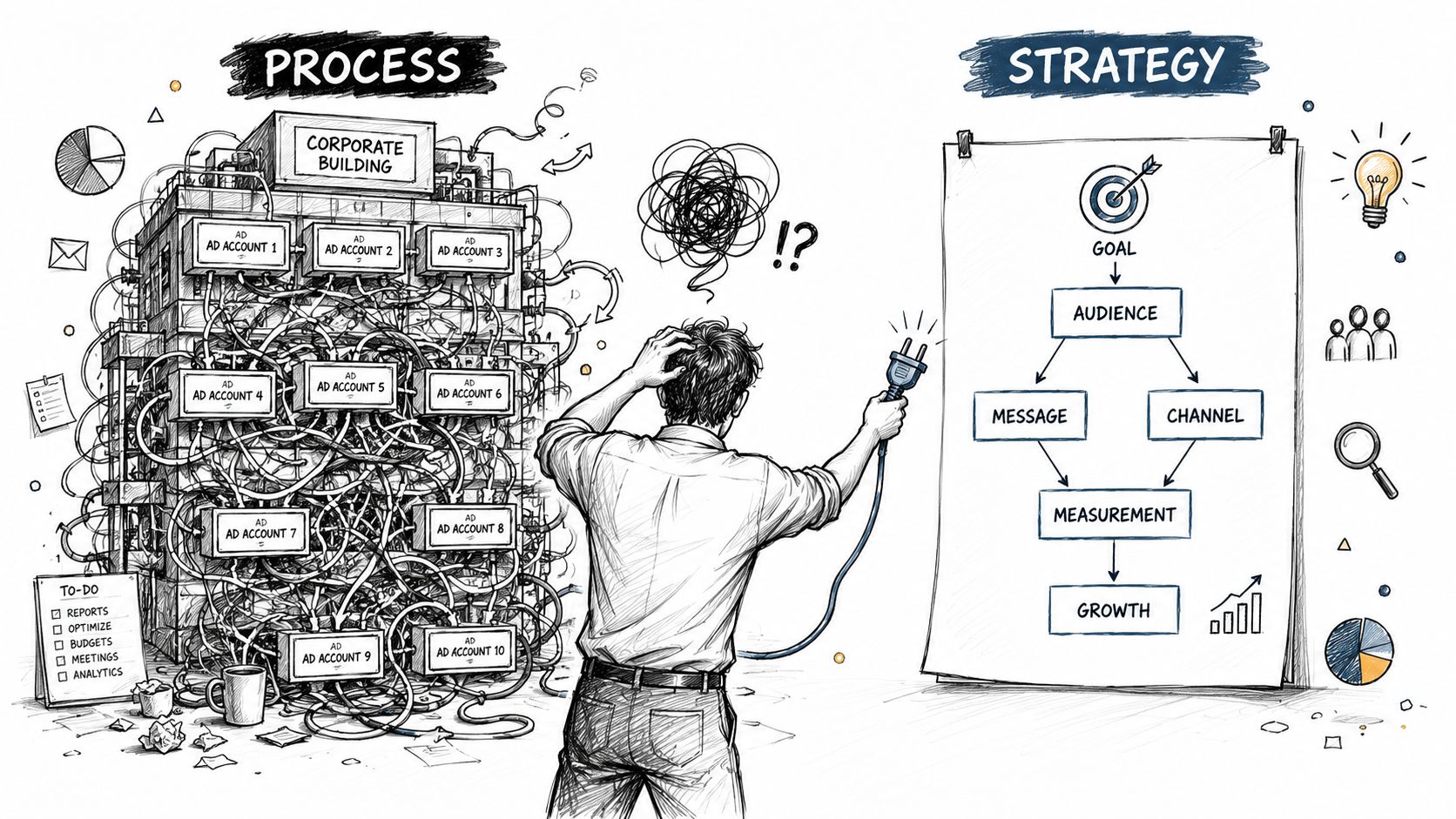 A person confused by a tangled mess of ad accounts, looking toward a clear strategic marketing roadmap.