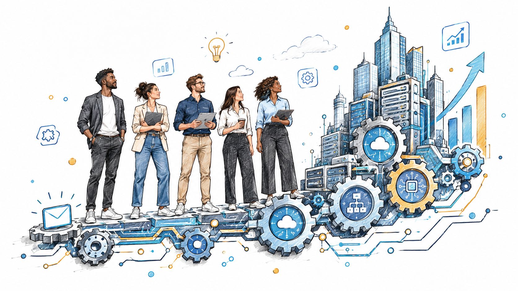 A professional team stands on digital infrastructure gears looking towards a cityscape representing business growth and automation.