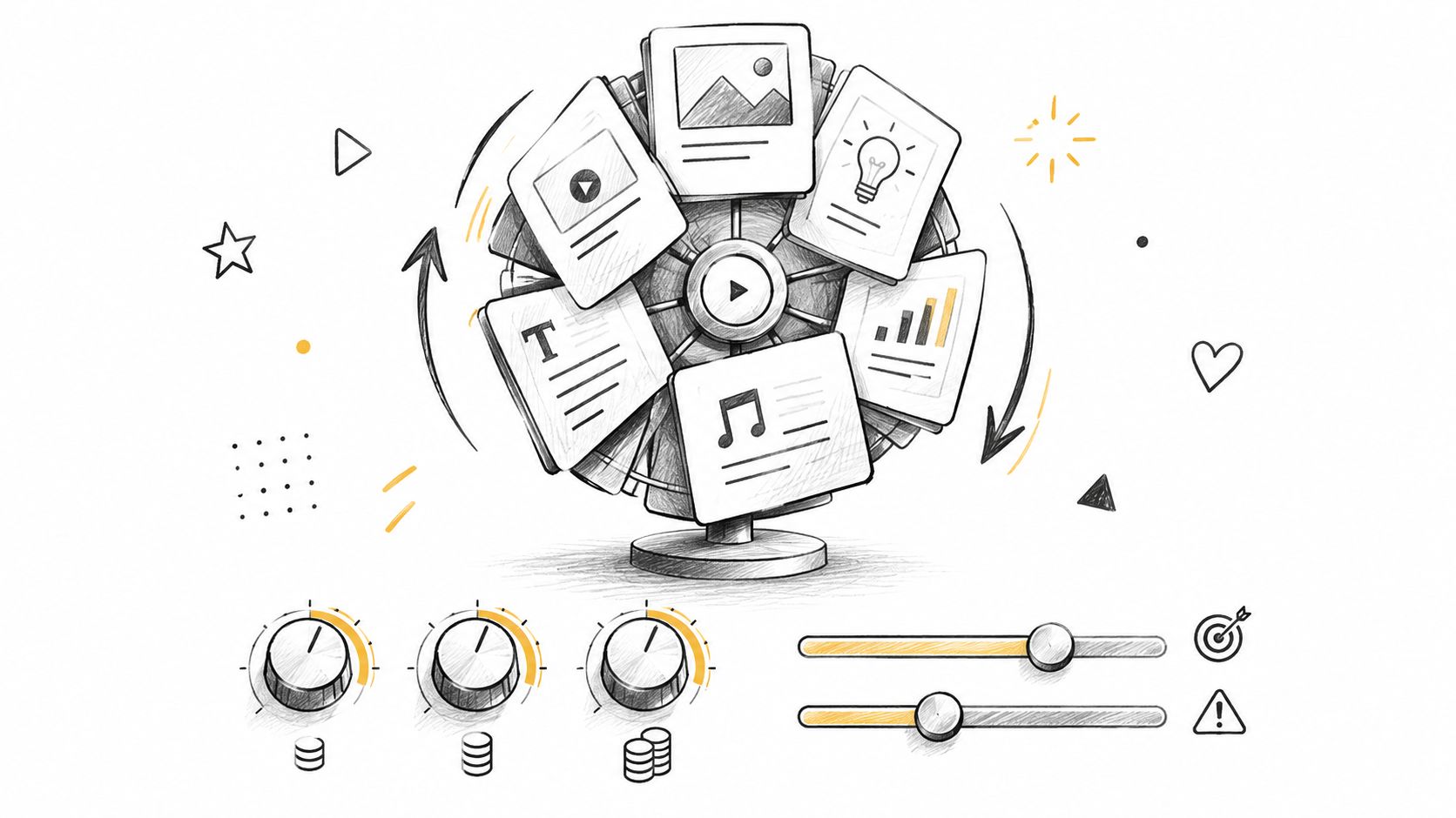 A hand-drawn illustration showing a content carousel with media icons, control knobs, and adjustment sliders.