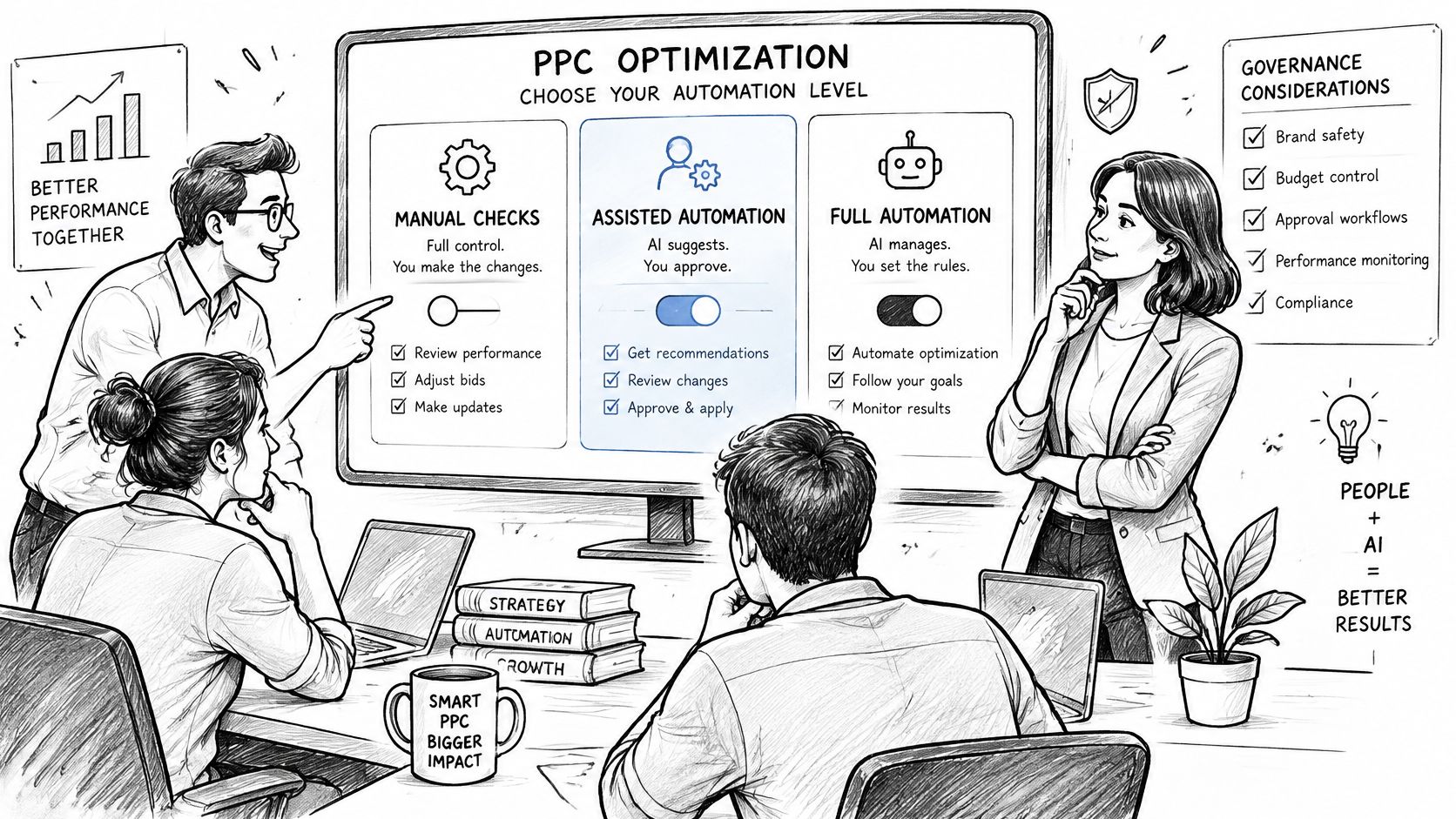 A team discussing PPC optimization strategies with an interactive screen showing automation levels and governance considerations.