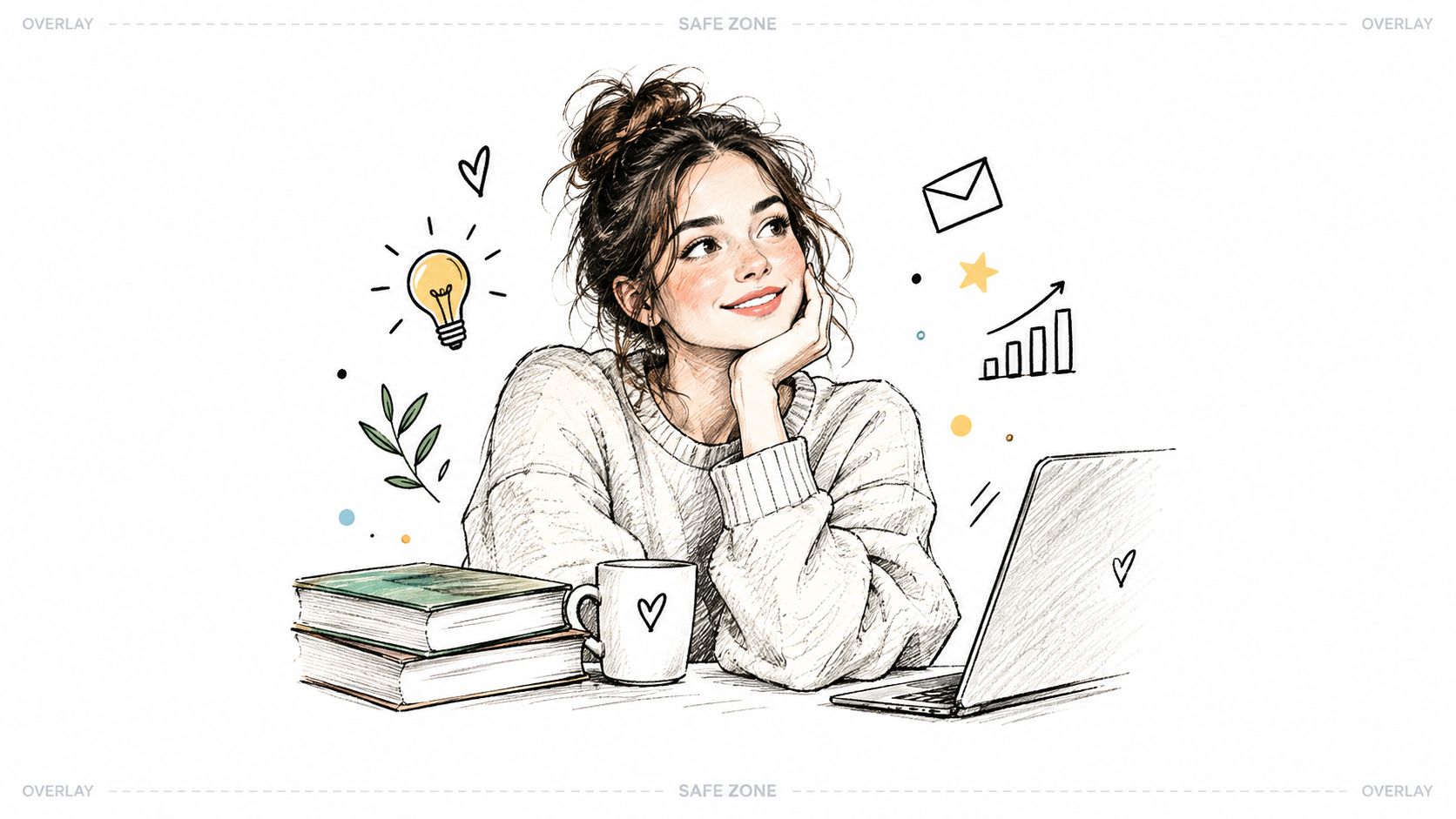 A digital illustration of a woman thinking at her desk with books, a laptop, and icons.