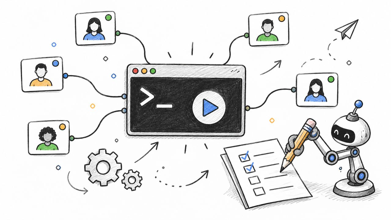 A hand-drawn illustration showing a central terminal window connected to multiple users and a robot writing on a checklist.