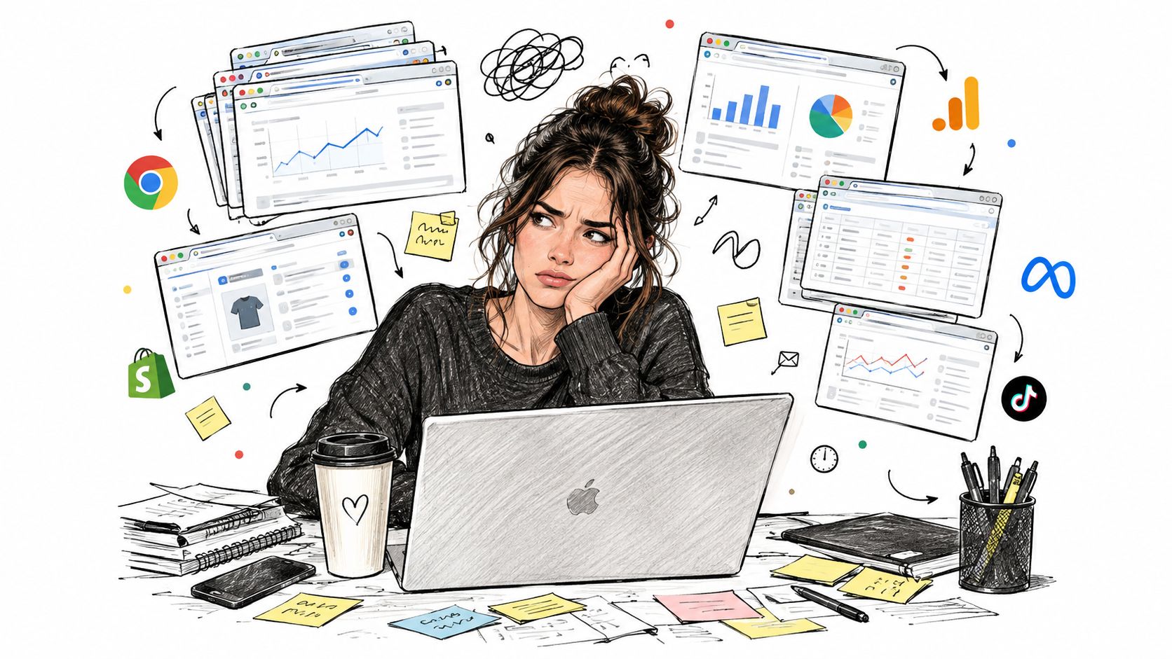 A stressed woman working at her laptop surrounded by multiple open digital dashboards and social media icons.