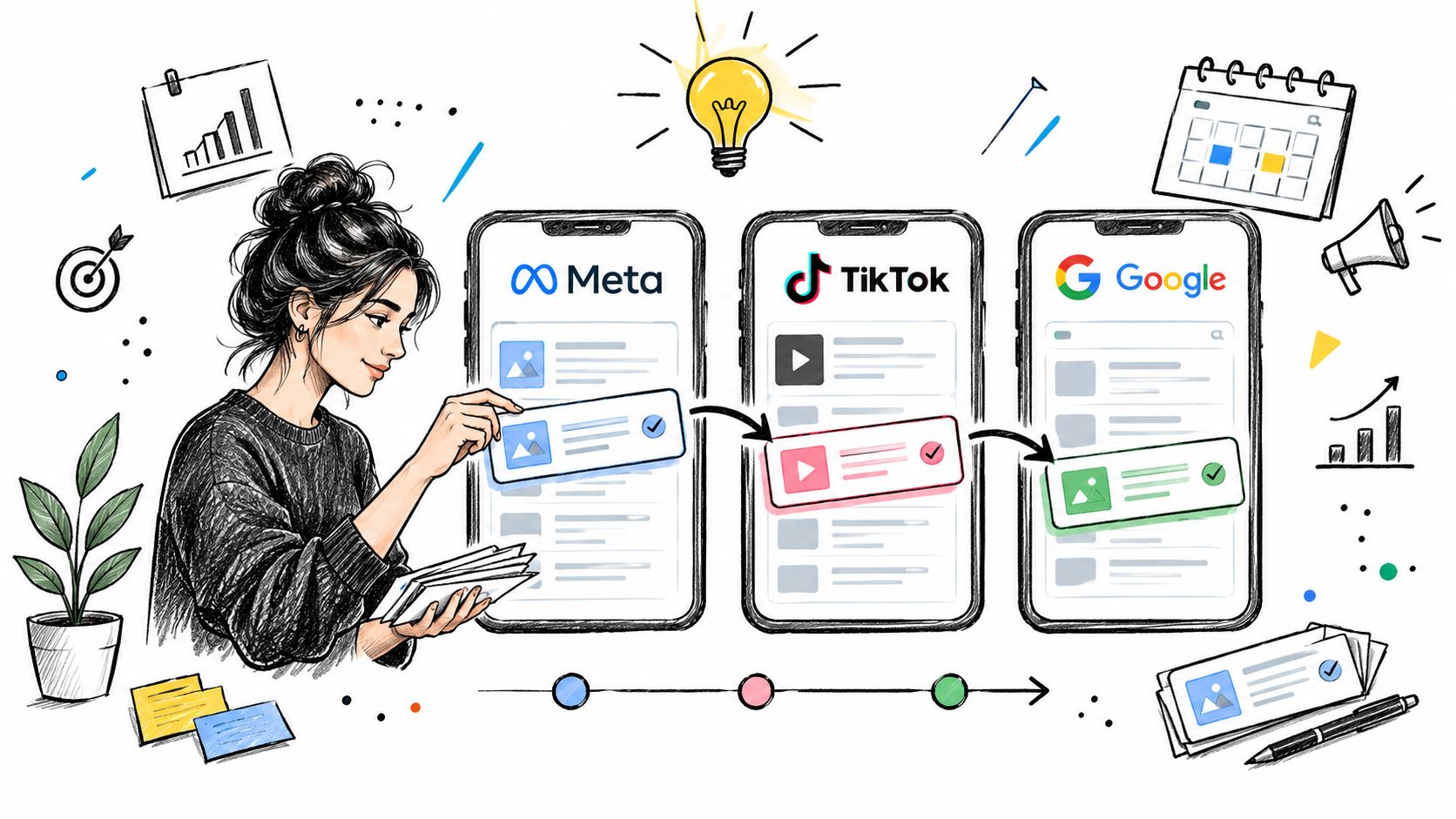 A woman managing marketing campaigns across Meta, TikTok, and Google platforms on her digital devices.