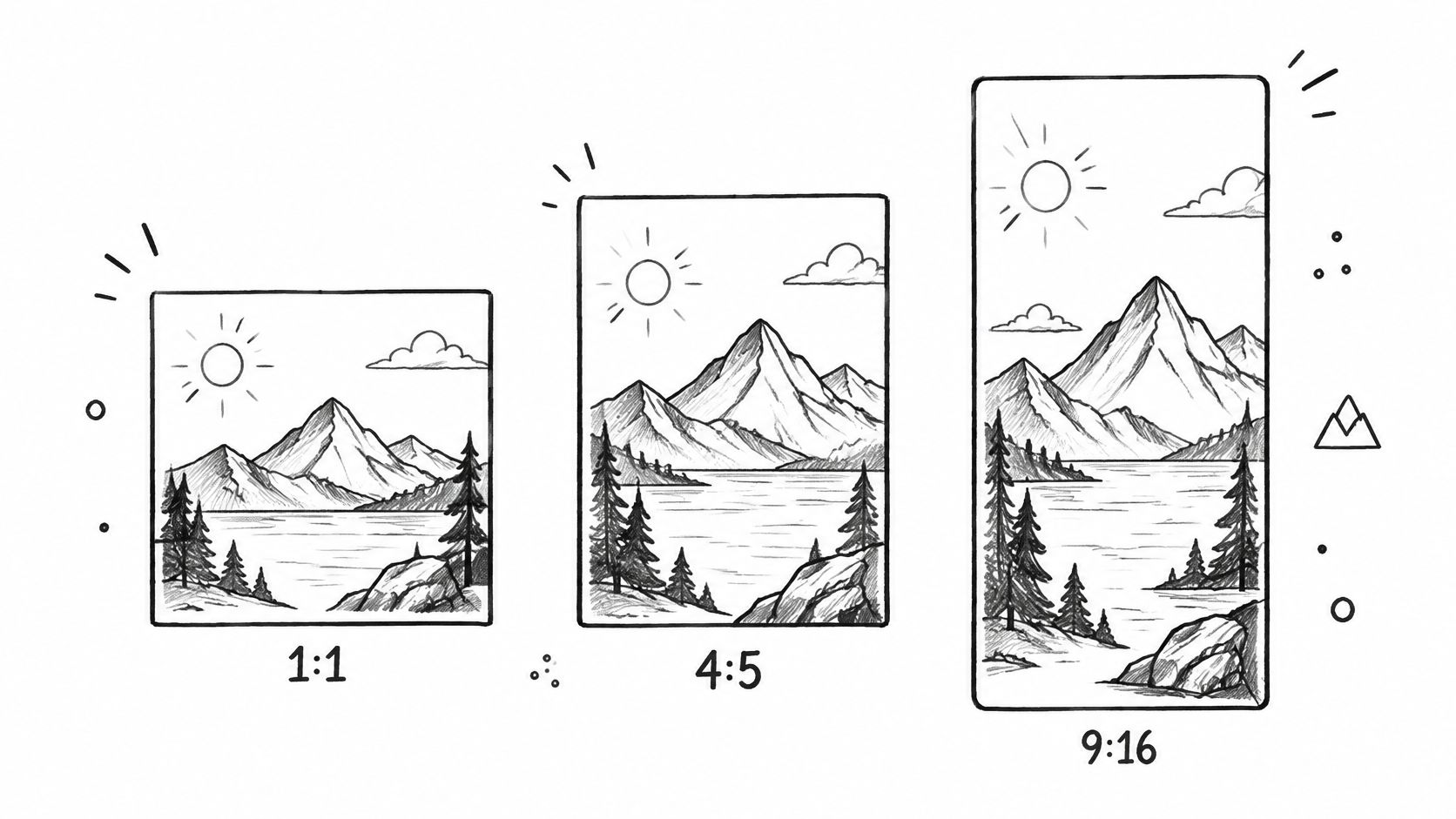 A pencil sketch comparison showing the same mountain landscape drawing adjusted for 1:1, 4:5, and 9:16 aspect ratios.
