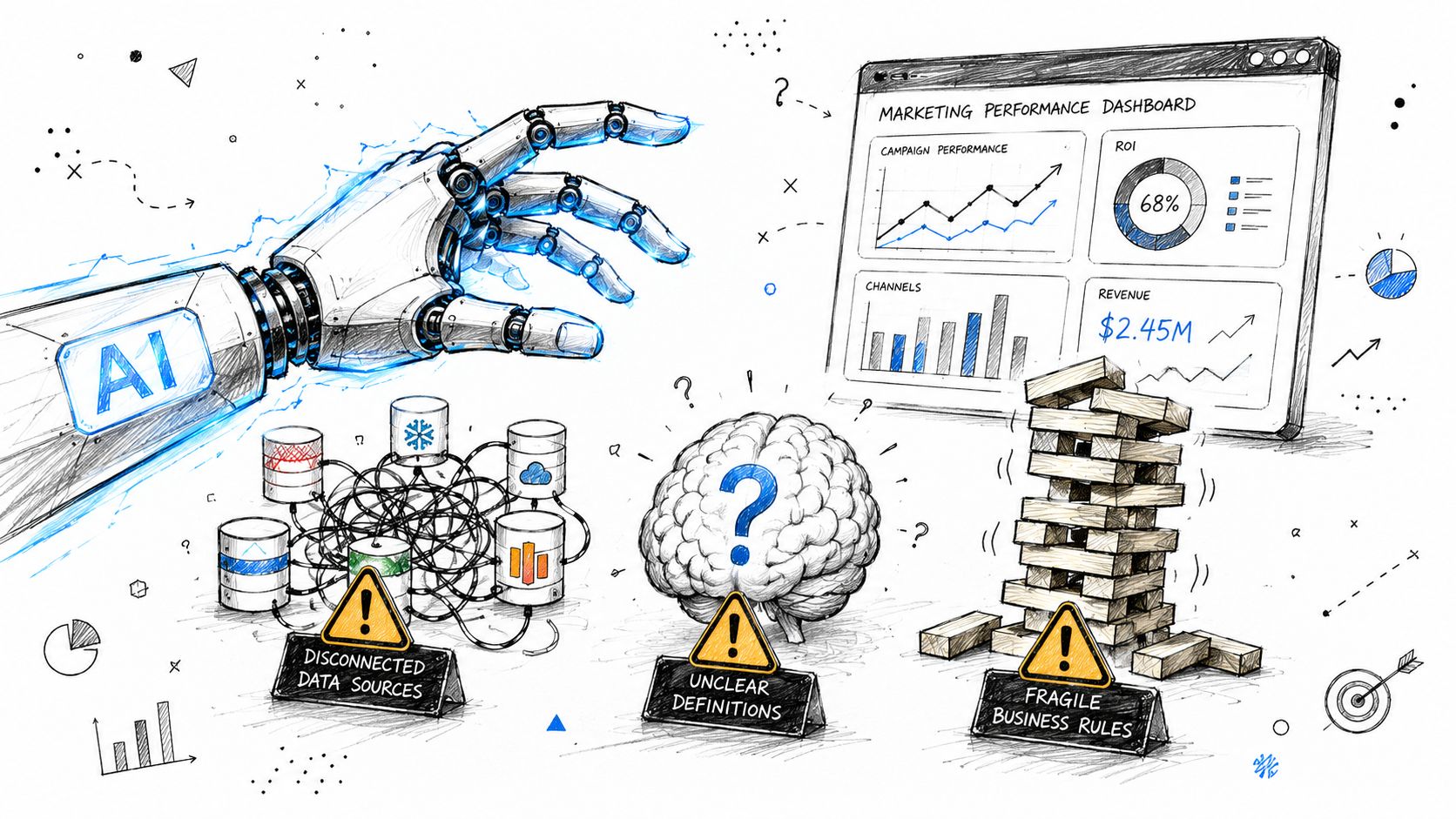 A robot hand reaching toward a marketing dashboard while overcoming data, definition, and business rule obstacles.