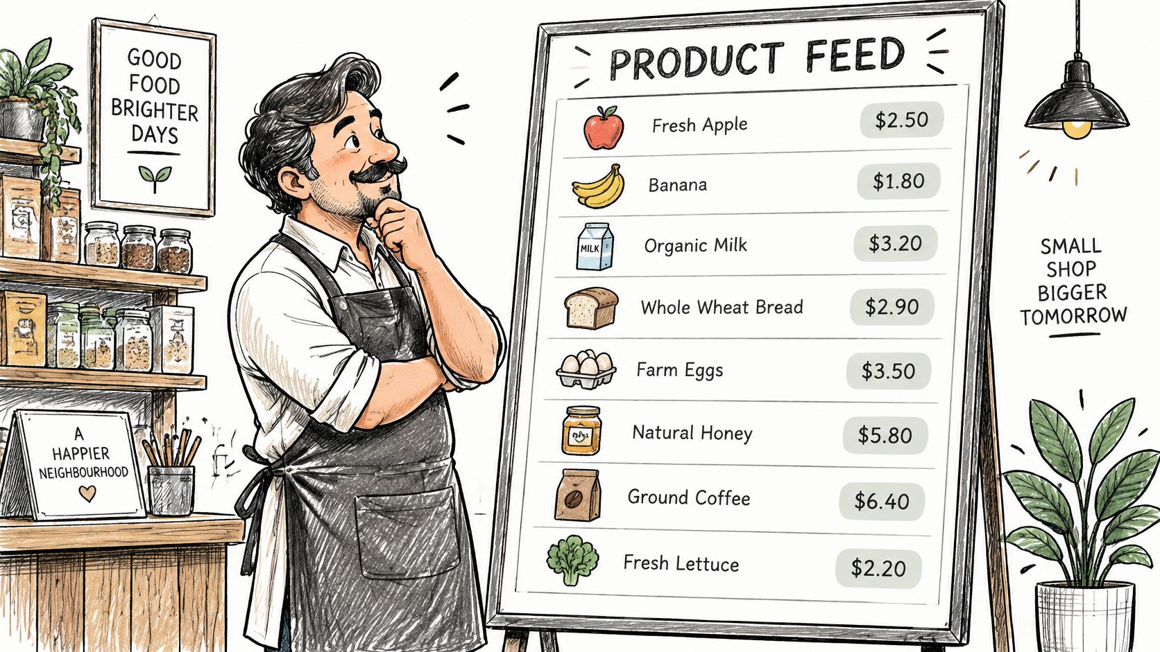 A friendly shopkeeper stands next to a chalkboard menu displaying organic product prices in a small store.
