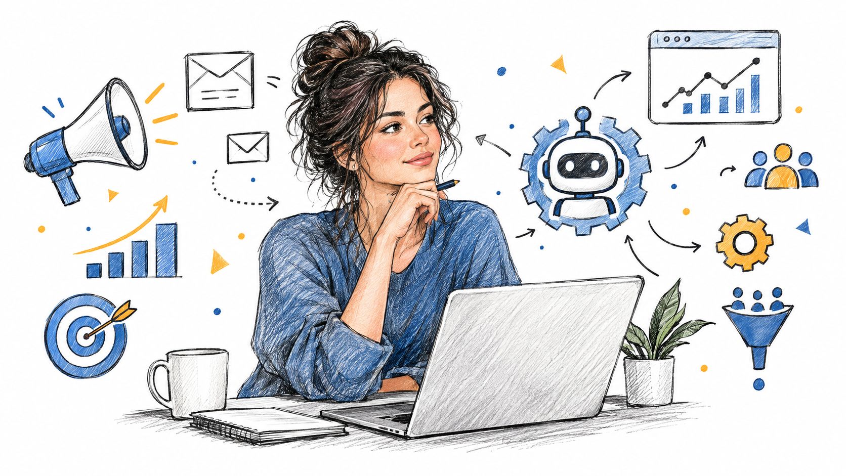 A creative illustration of a professional woman working on a laptop surrounded by digital marketing automation icons.