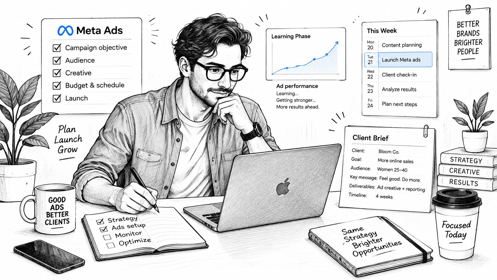 A digital marketer sketching out a Meta Ads strategy while working on a laptop at his desk.