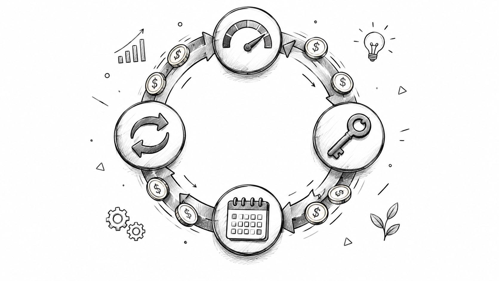 A hand-drawn business process diagram showing cyclical workflow steps, financial symbols, and time management icons.