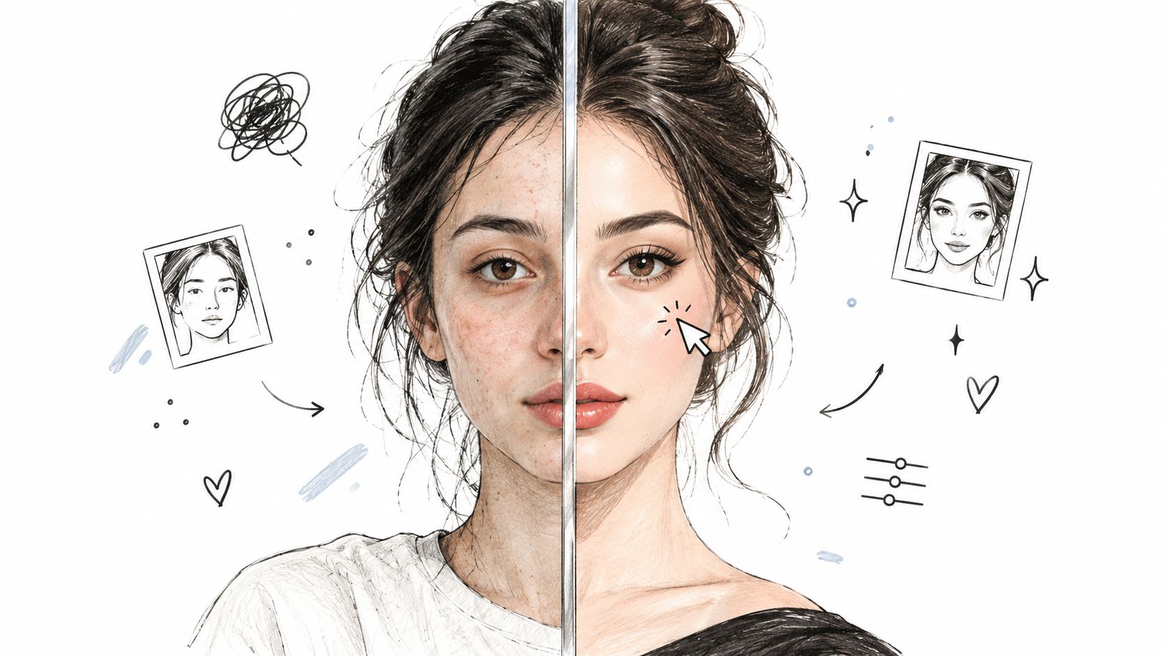 An artistic comparison of natural facial texture and a digitally smoothed appearance.