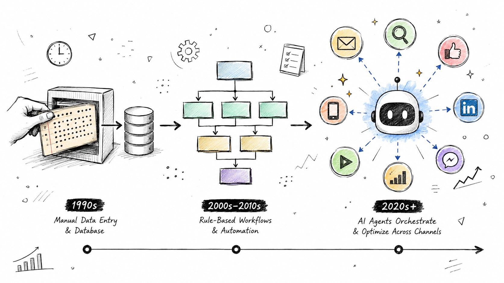 A diagram showing the evolution of data technology from 1990s manual entry to 2020s AI agent orchestration.