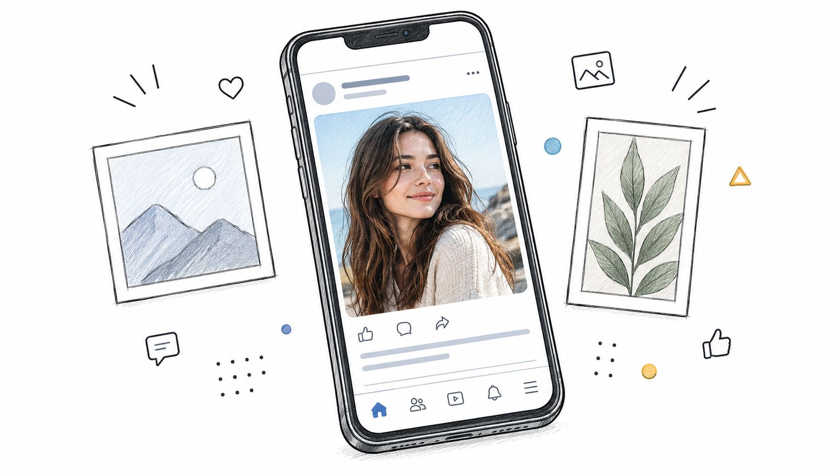 A digital illustration showing a mobile phone displaying a social media post with a photo of a woman.