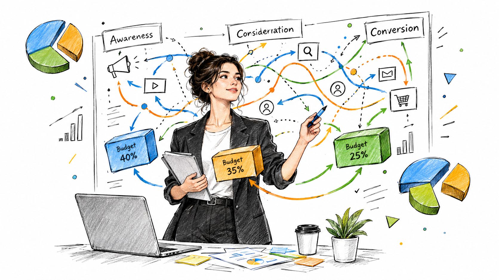 A professional woman in a blazer standing before a whiteboard illustrating digital marketing strategy and budget allocation.