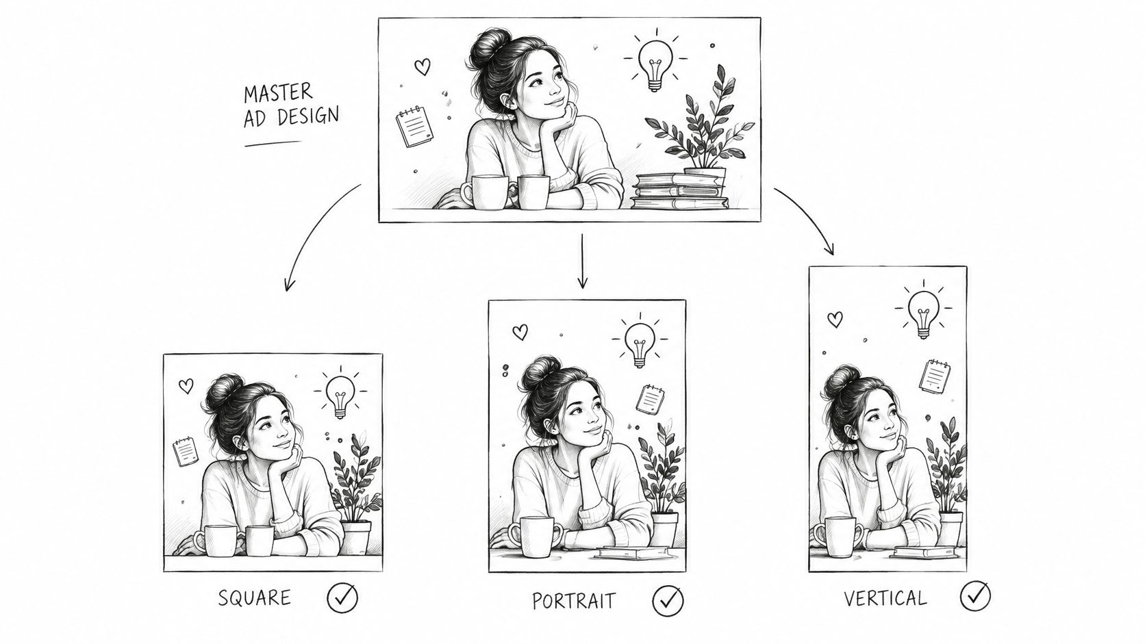 A diagram illustrating how a master ad design can be adapted into square, portrait, and vertical formats.