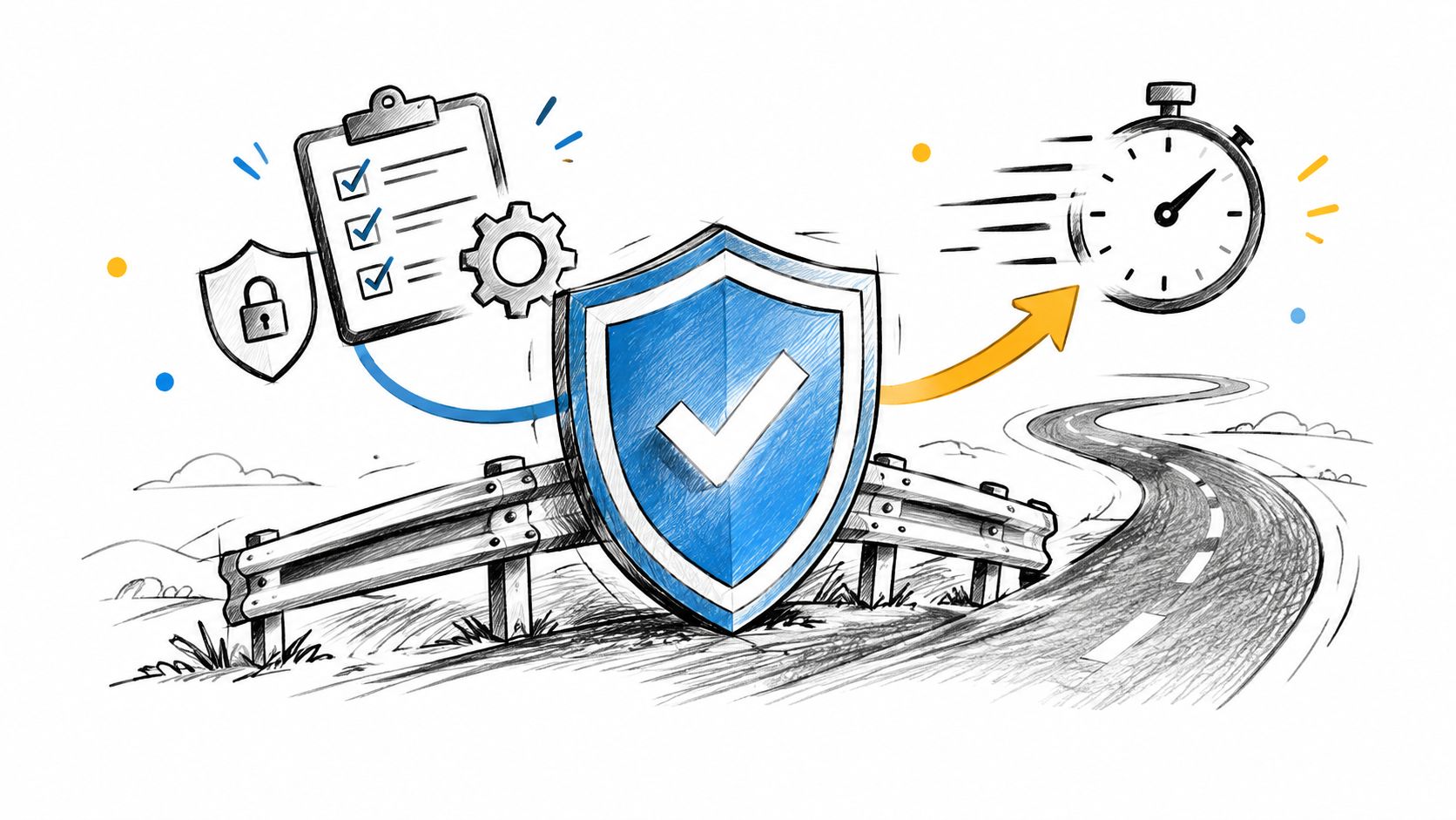 A conceptual illustration of a shield with a checkmark, speed timer, and checklist representing secure marketing automation.