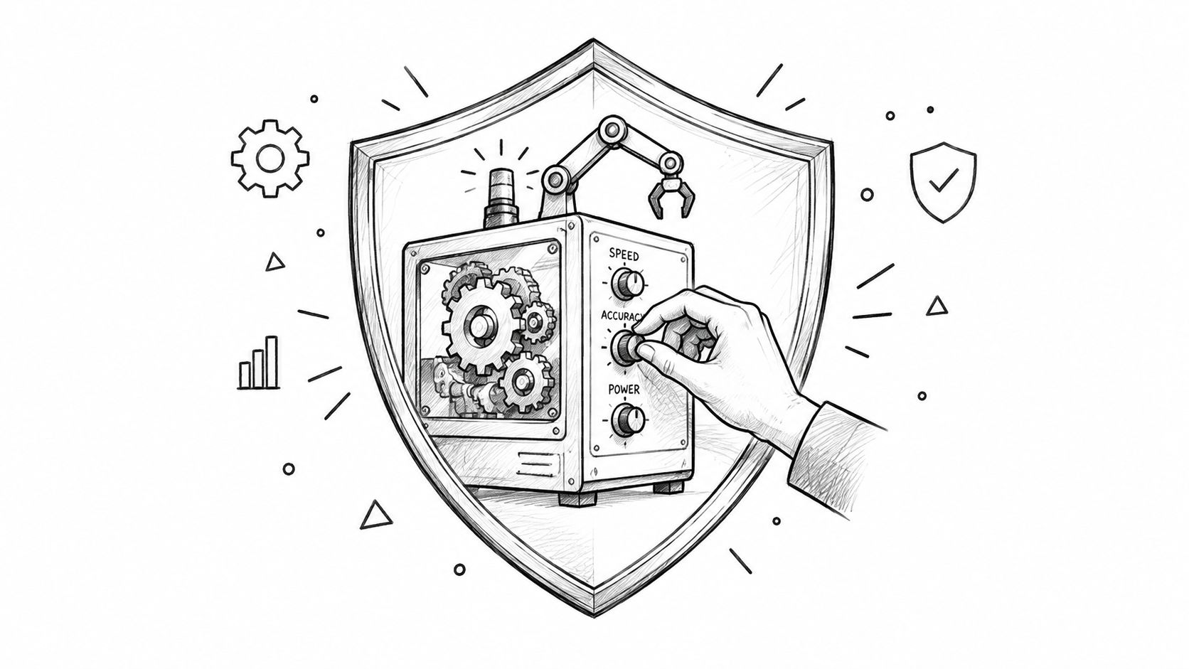 A sketched illustration of a robotic machine being adjusted by a human hand inside a protective shield.