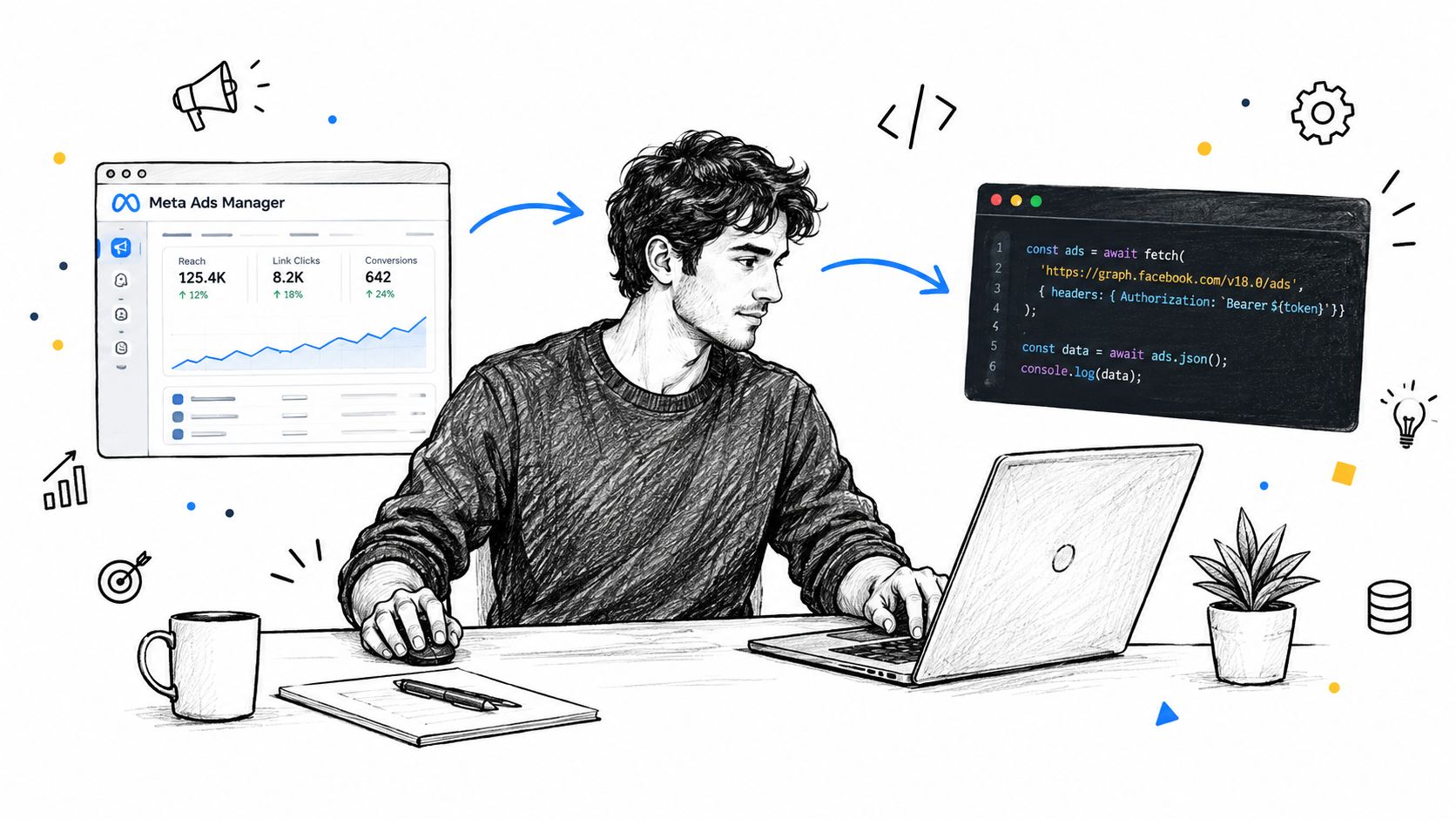 A digital artist illustration showing a developer integrating Meta Ads Manager data using Facebook Advertising API code.