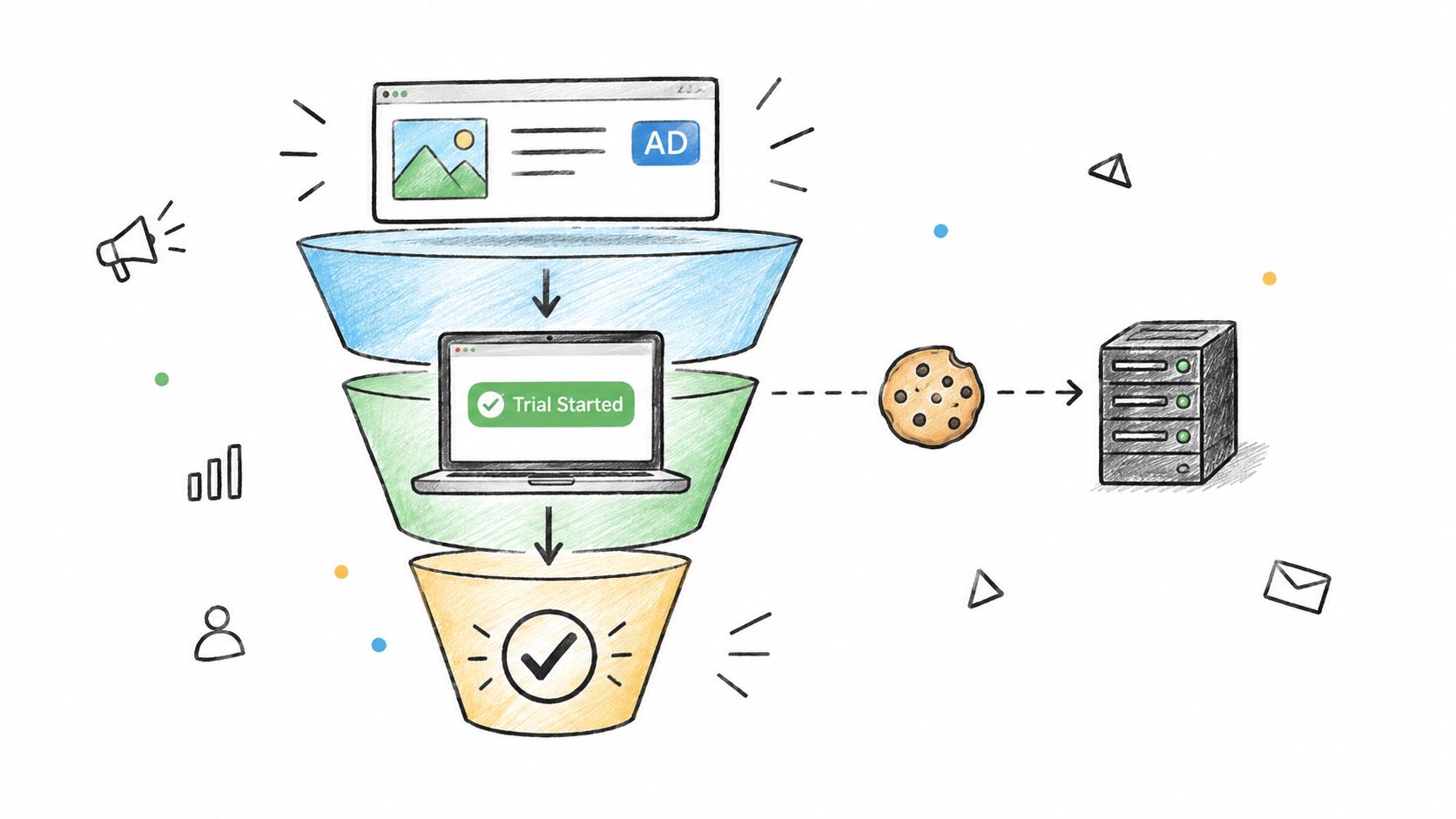 A hand-drawn illustration depicting a sales funnel for tracking SaaS trial conversions through online advertising and cookies.