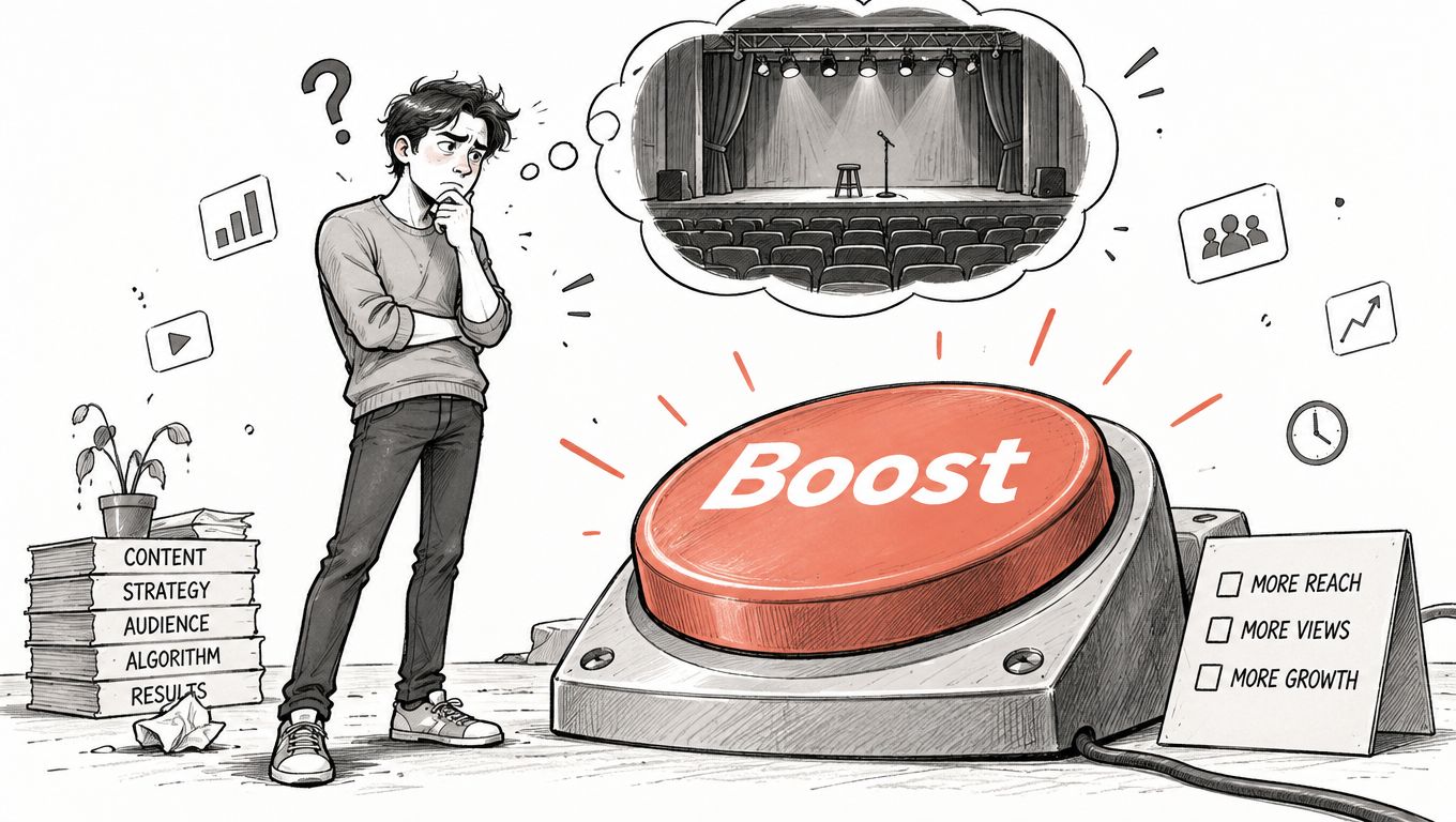 A man contemplates pressing a large Boost button to improve social media engagement and platform performance.