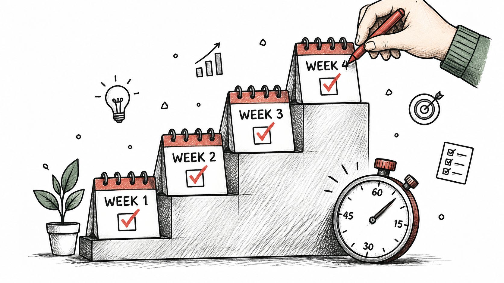 A hand checking off the fourth week on a four-step calendar stair graphic illustrating progress and time management.