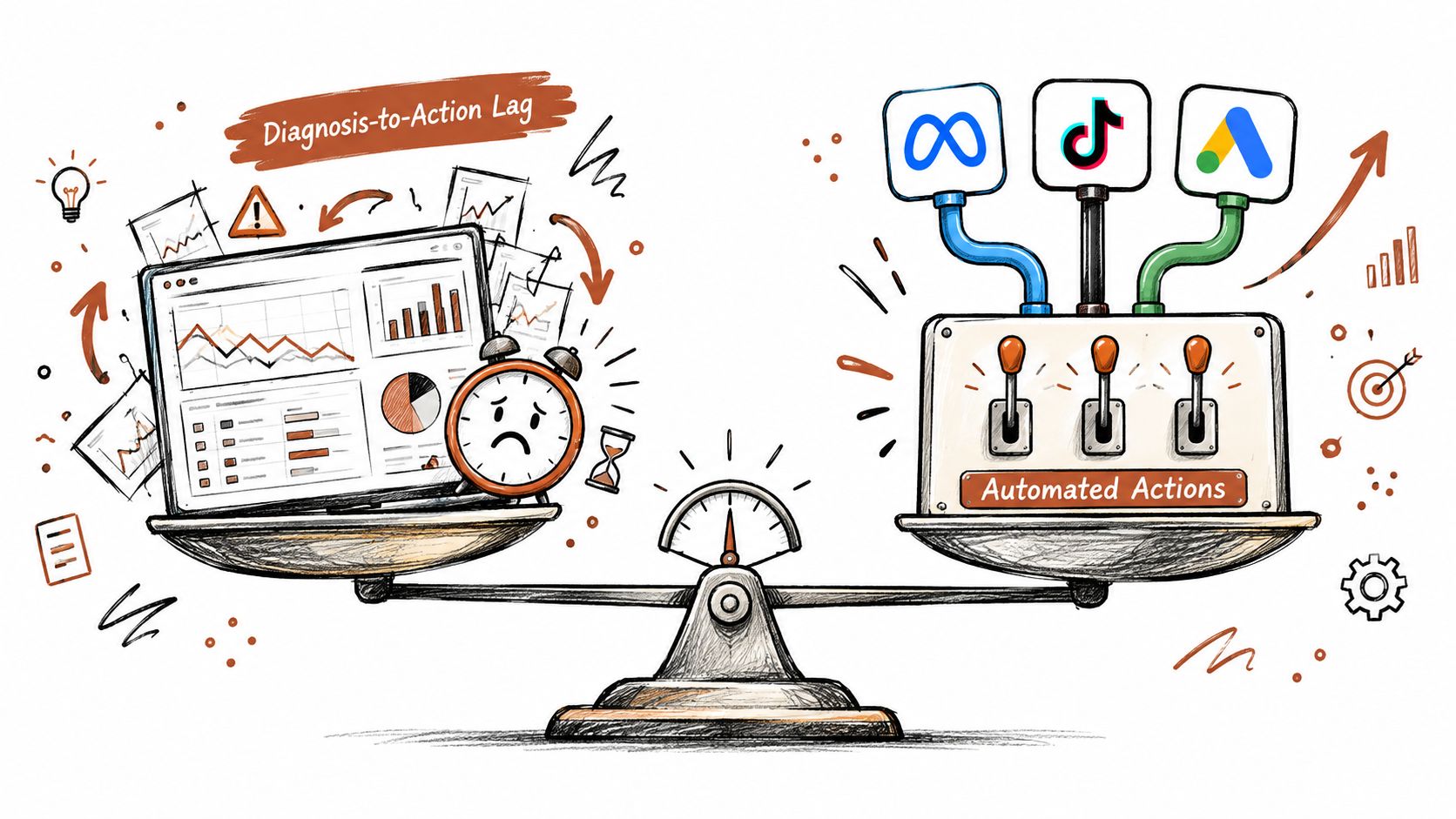 A hand-drawn illustration showing a scale balancing data analysis and automated advertising platform management.