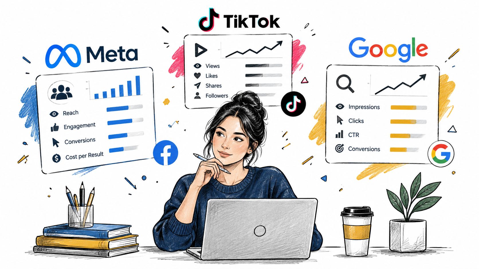 A digital marketing professional analyzing campaign performance data across Meta, TikTok, and Google advertising platforms.