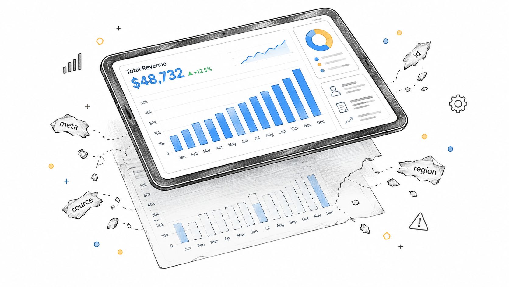 A digital tablet displaying a bar graph of total revenue alongside floating data tags like region and source.