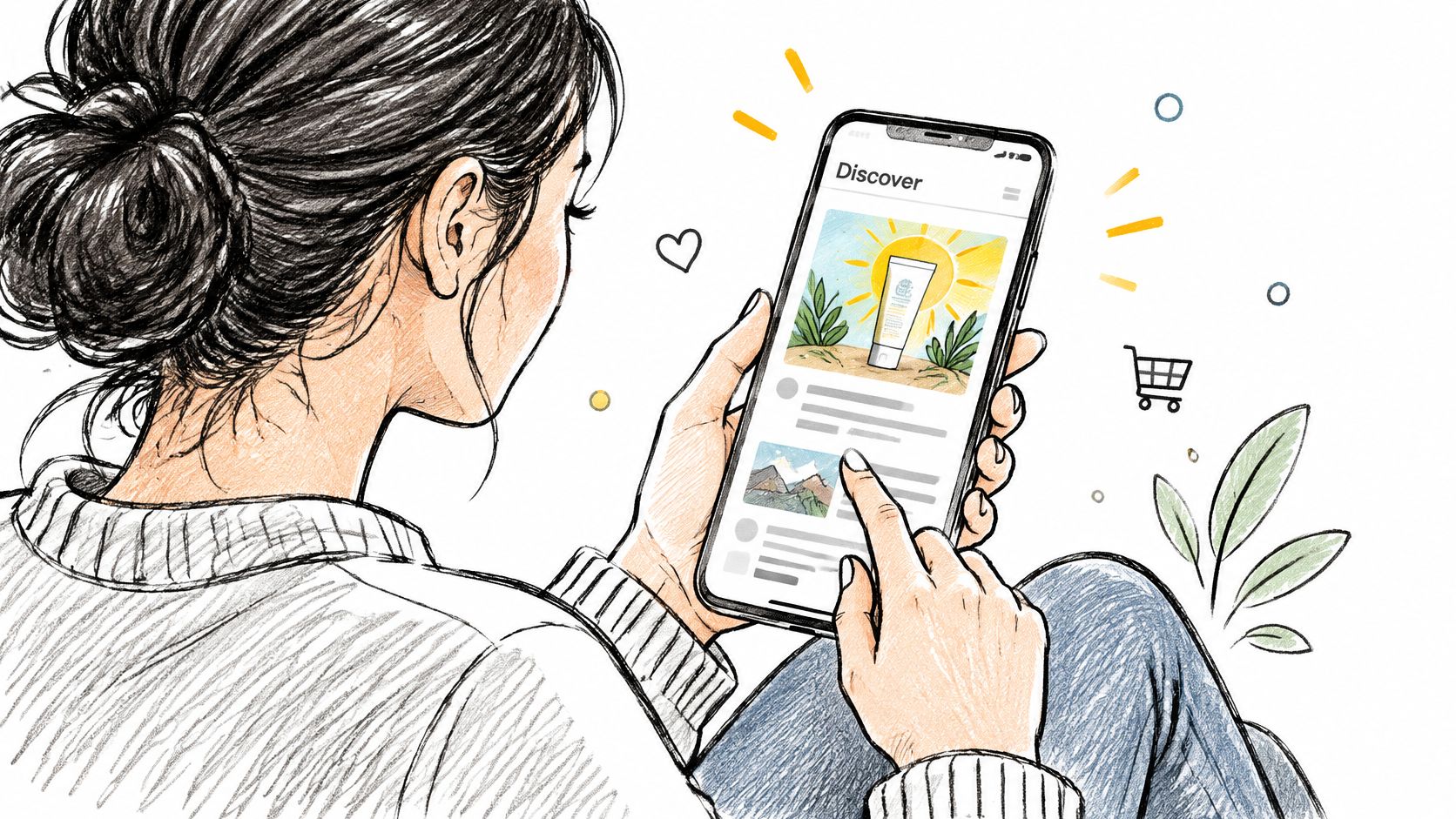 An illustration of a young woman scrolling through an e-commerce app on her smartphone featuring sun care products.
