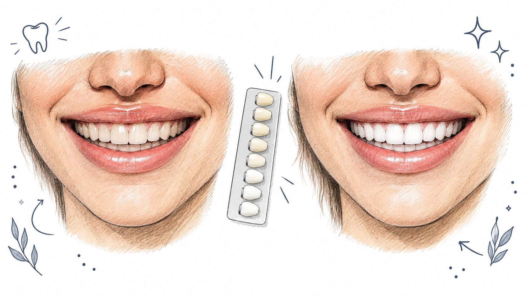A dental veneers comparison with a tray of shade samples, not evidence of whitening-strip results.