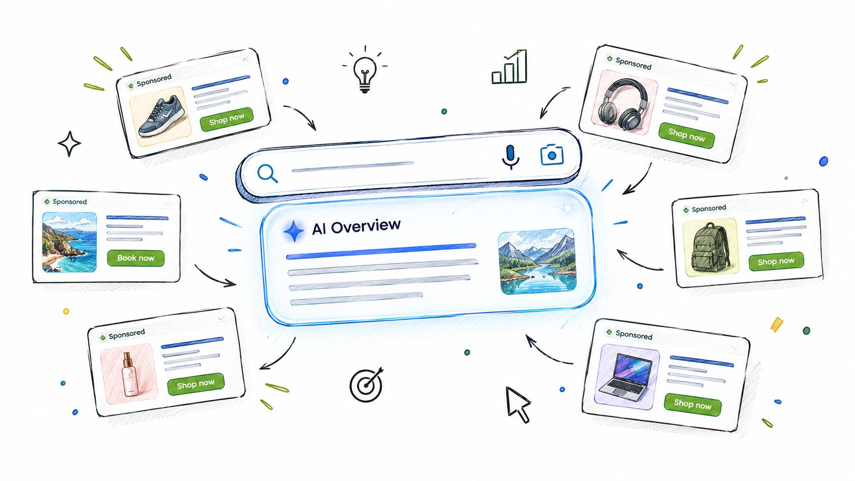 A hand-drawn illustration depicting AI Overview search results surrounded by various floating product advertisement cards.
