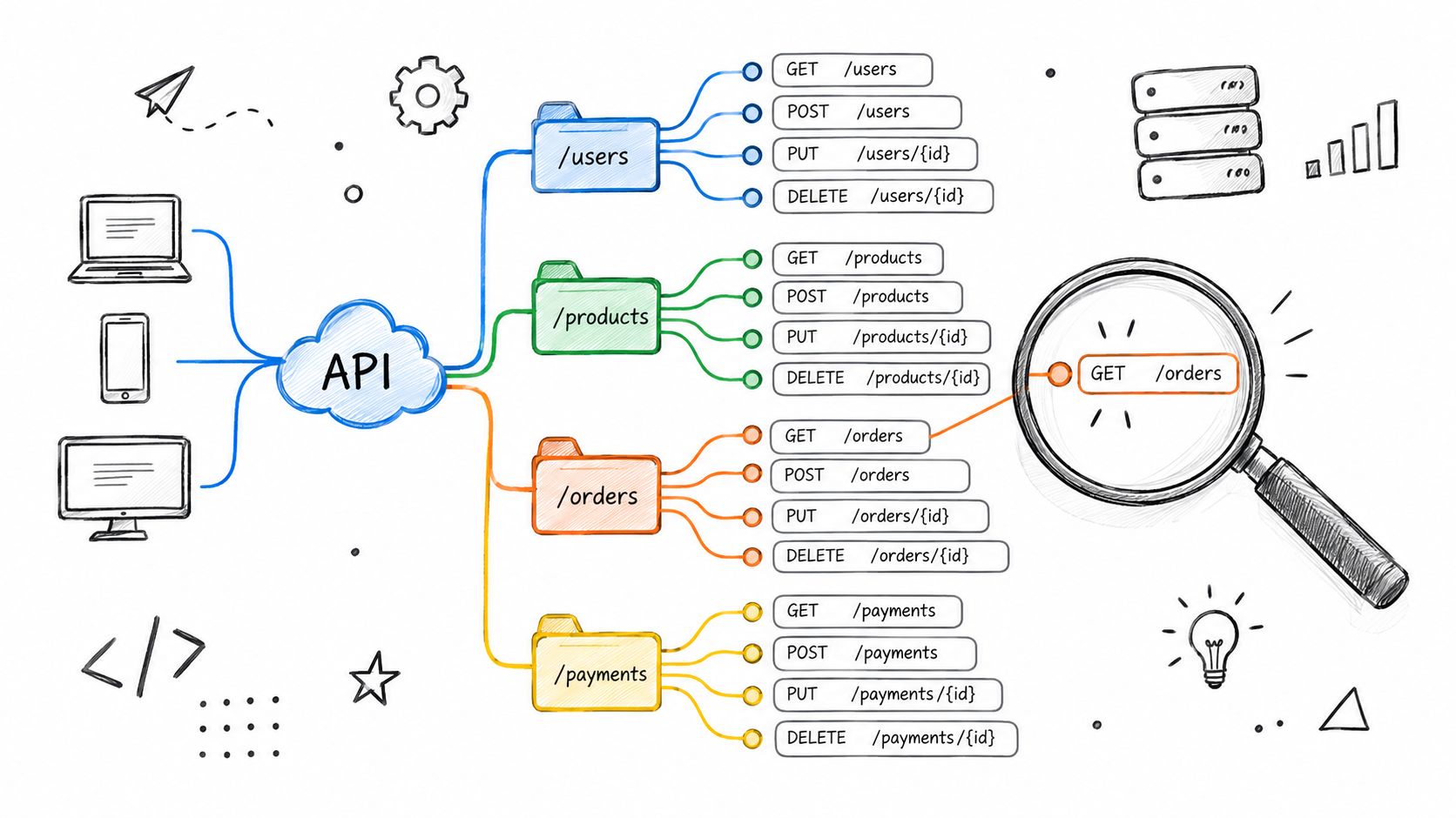 A hand-drawn mind map diagram showing how various client devices interact with a centralized API system.