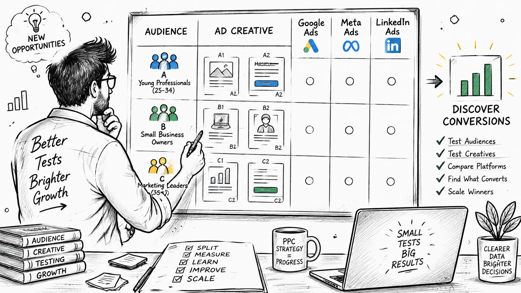 A professional analyzing a digital marketing strategy board to optimize PPC ad campaigns for growth and conversion.