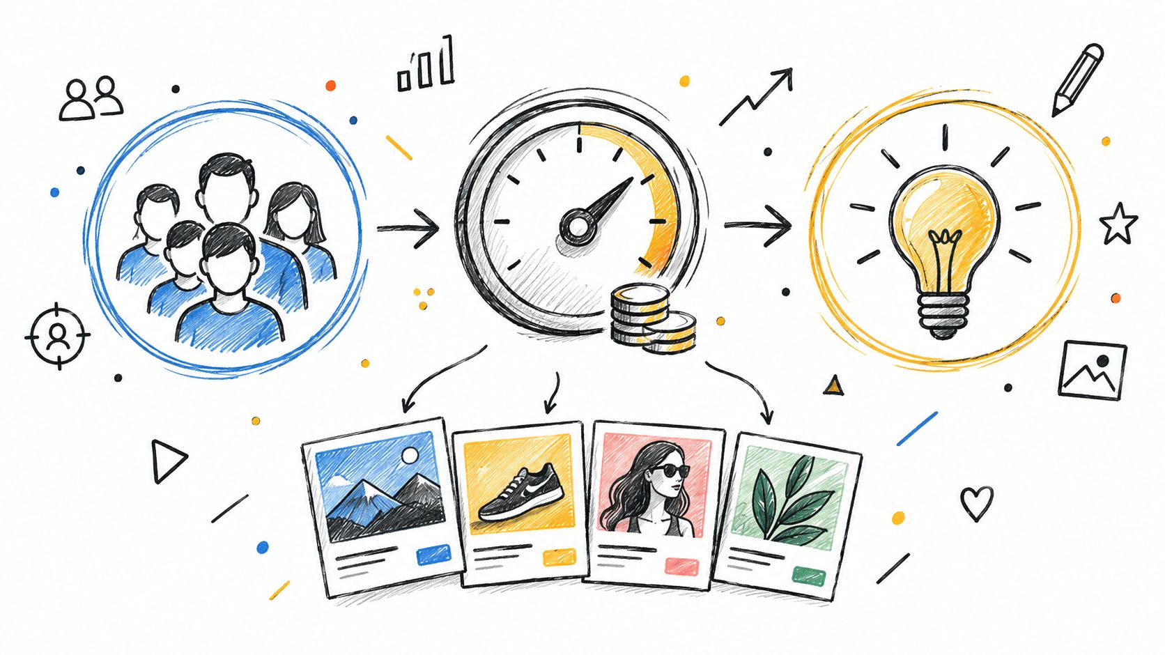 A hand-drawn illustration depicting a process flow from a group of people through a speedometer to a creative idea lightbulb.