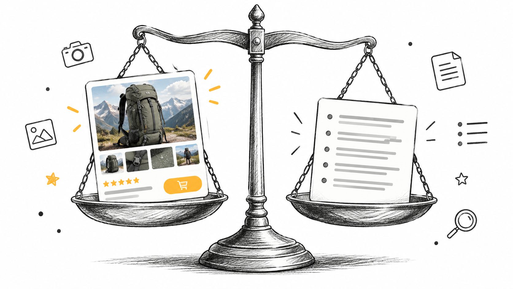 A weighing scale balancing a product page with a backpack against a list of written requirements.