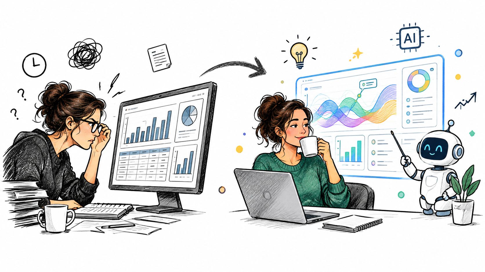 A split illustration comparing a stressed person working with data to a relaxed person aided by AI.