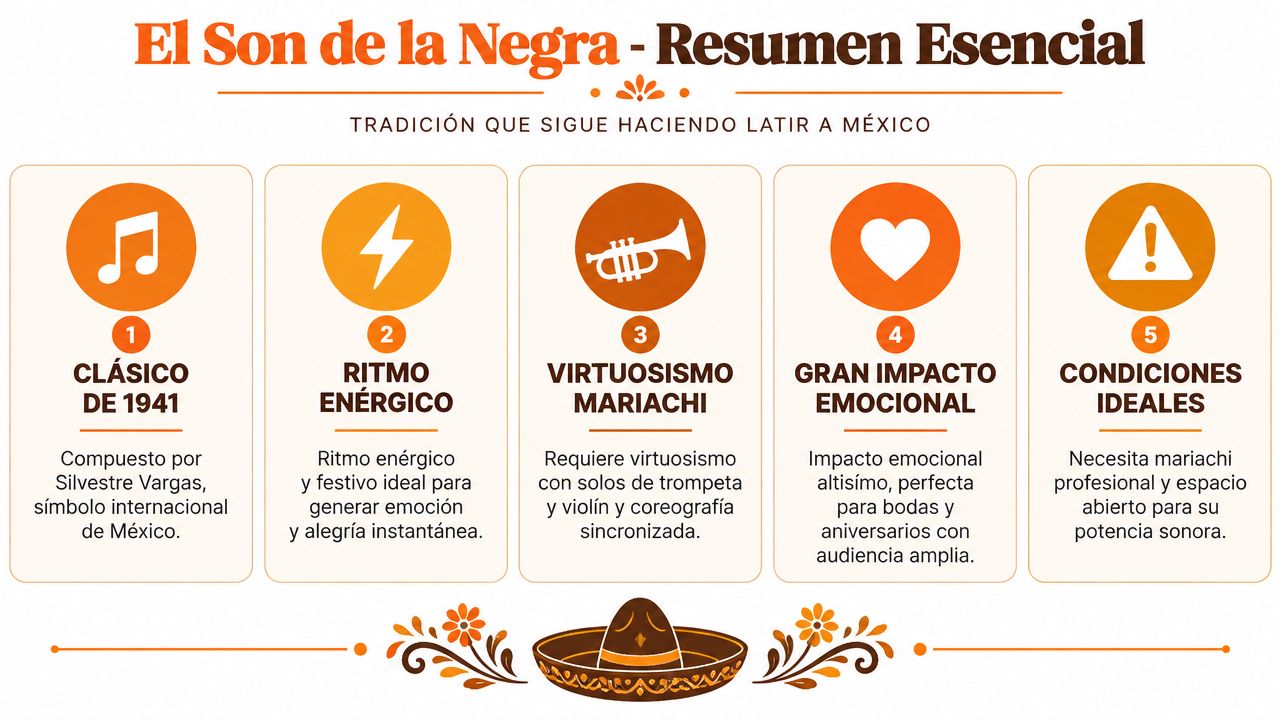 Infografía sobre El Son de la Negra detallando su origen, ritmo, virtuosismo, impacto emocional y condiciones ideales.