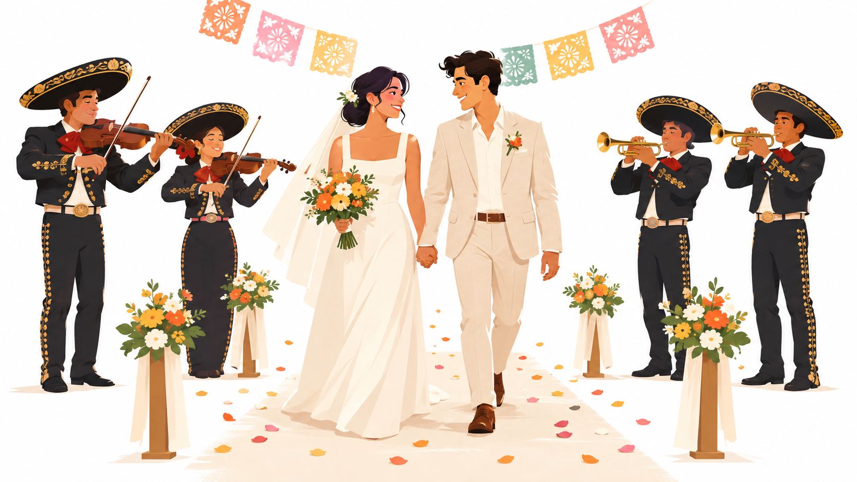 A happy couple walking down the aisle accompanied by a cheerful Mexican mariachi band.