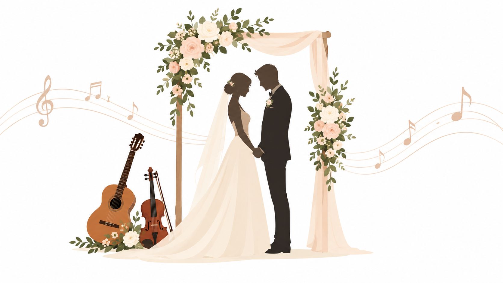 Silhouette of a wedding couple under a floral arch with musical instruments and notes.