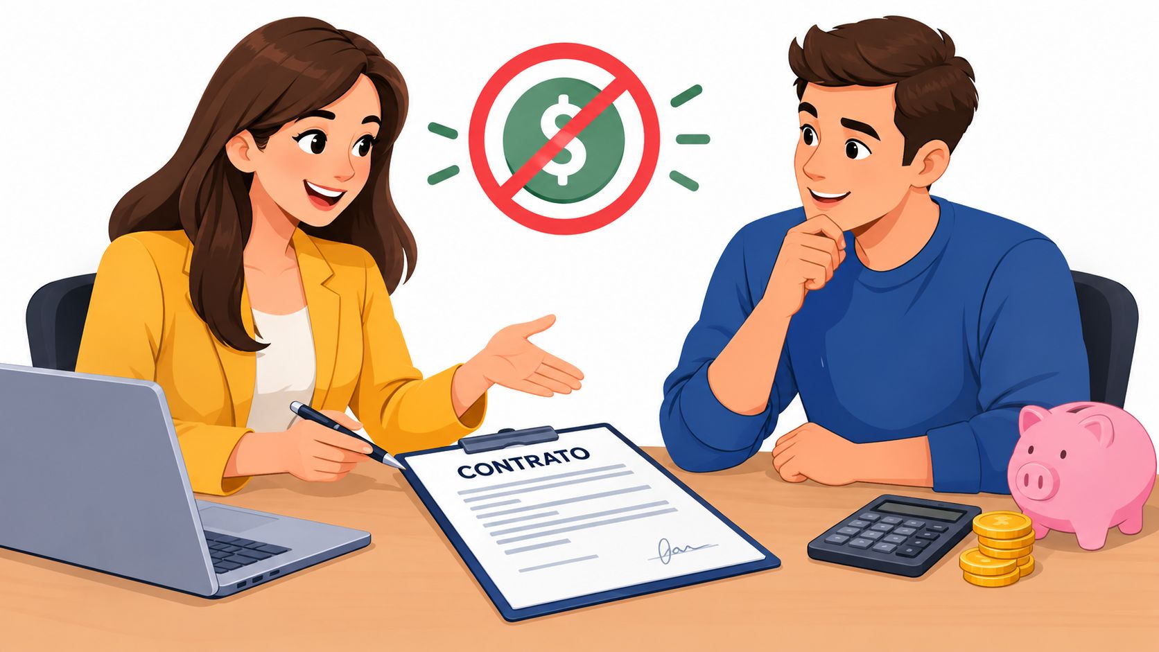 Woman explaining a contract to a man next to a piggy bank with the no money symbol.