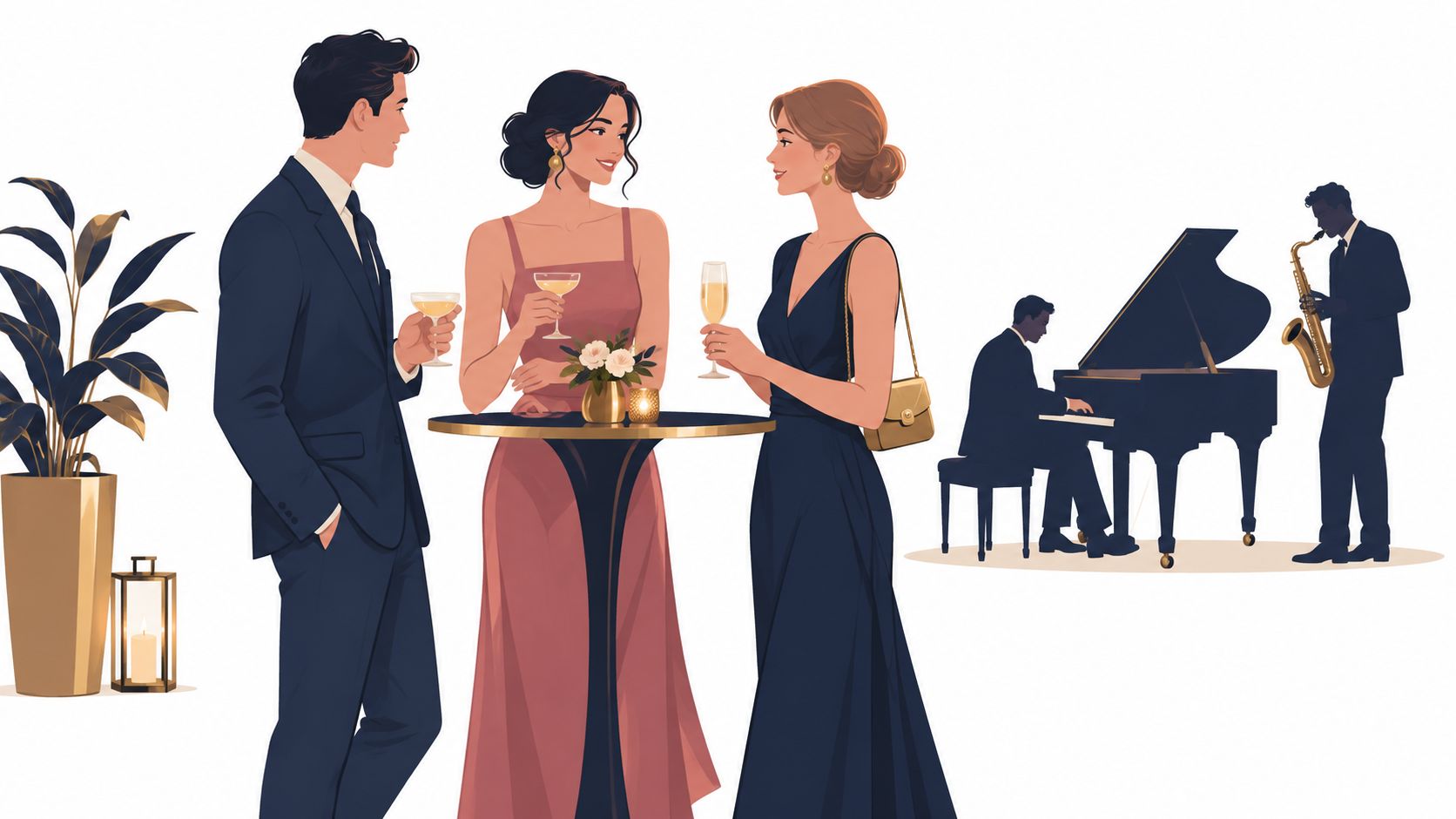 Elegant group of people chatting with drinks next to musicians playing piano and saxophone at a party.