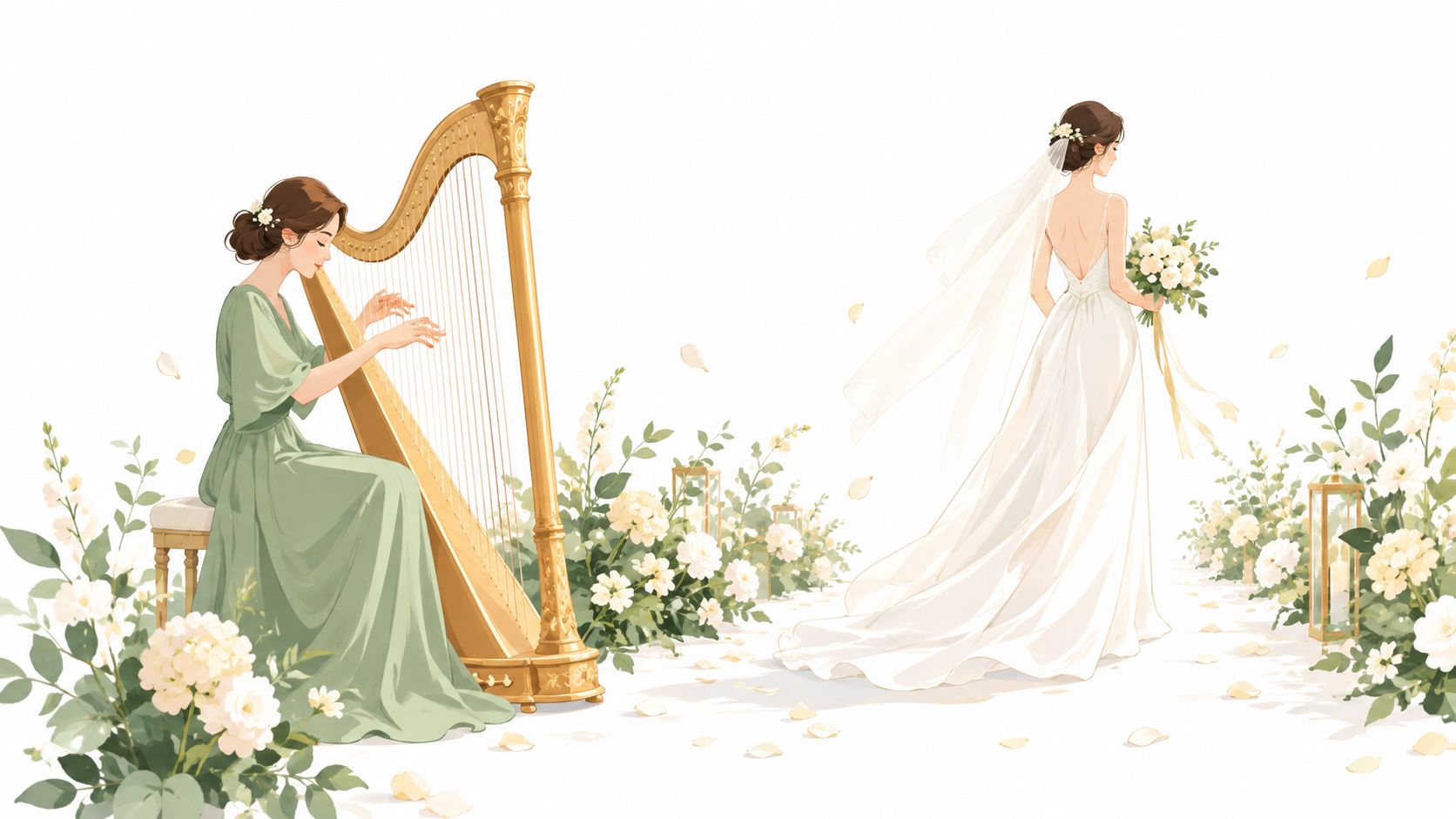 A woman playing the harp at a wedding while the bride walks with her bouquet.