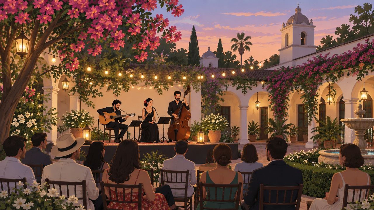 Musical trio performing in a colonial courtyard lit by string lights before an elegant audience.