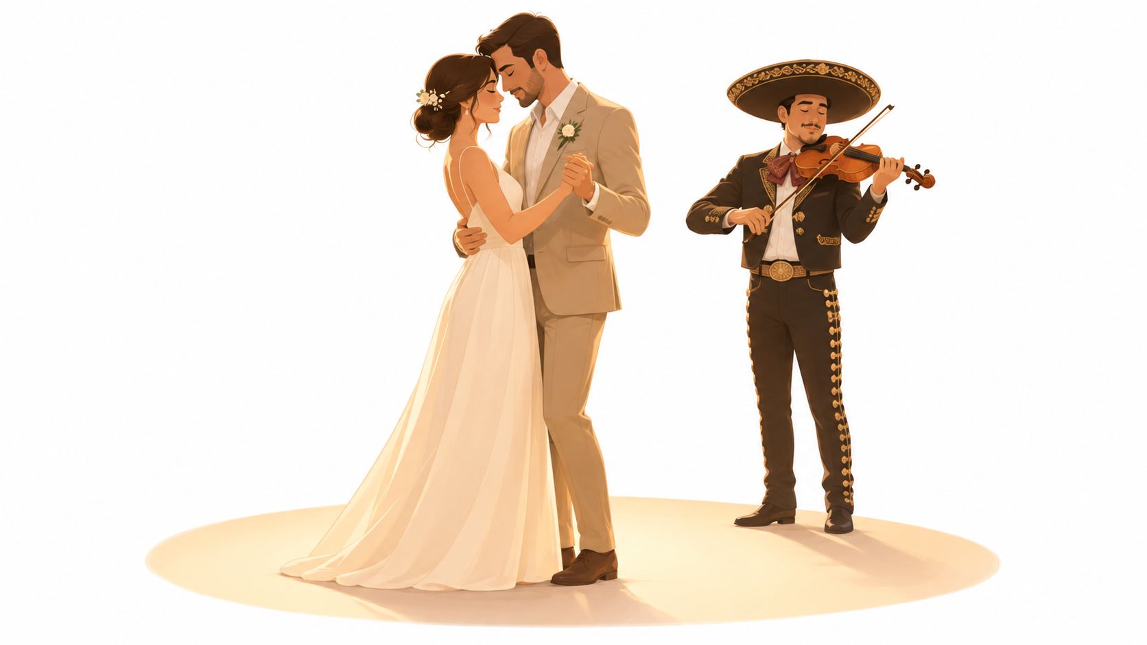 A newlywed couple dancing romantically while a mariachi musician plays the violin for them.