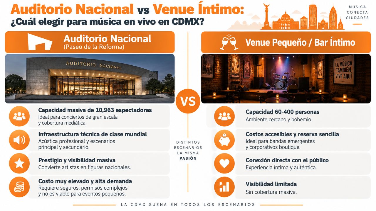 Comparison between the Auditorio Nacional and intimate venues for live music concerts in CDMX.