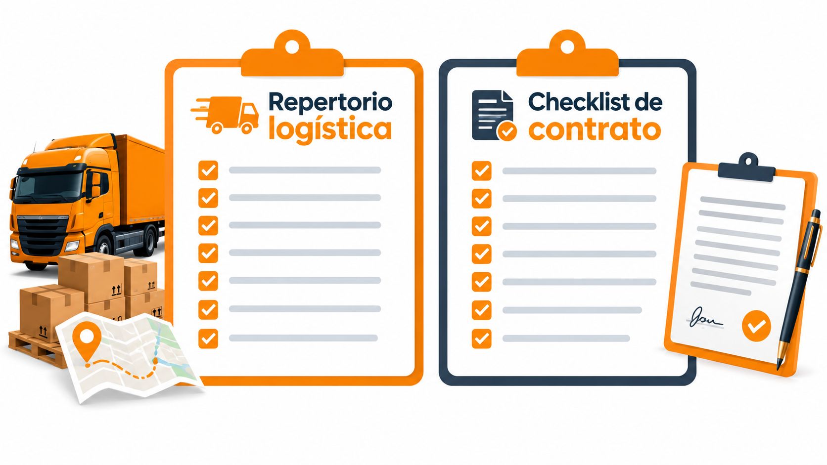 Graphic representation of logistics and contract checklists with transport and signature icons.