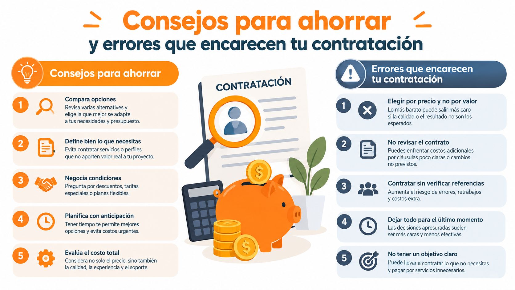 Infographic with tips for saving and common mistakes when hiring professional services to optimize budgets.