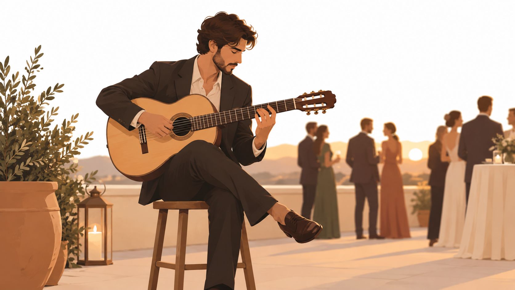 An elegant man playing classical guitar at a wedding reception at sunset on a terrace.