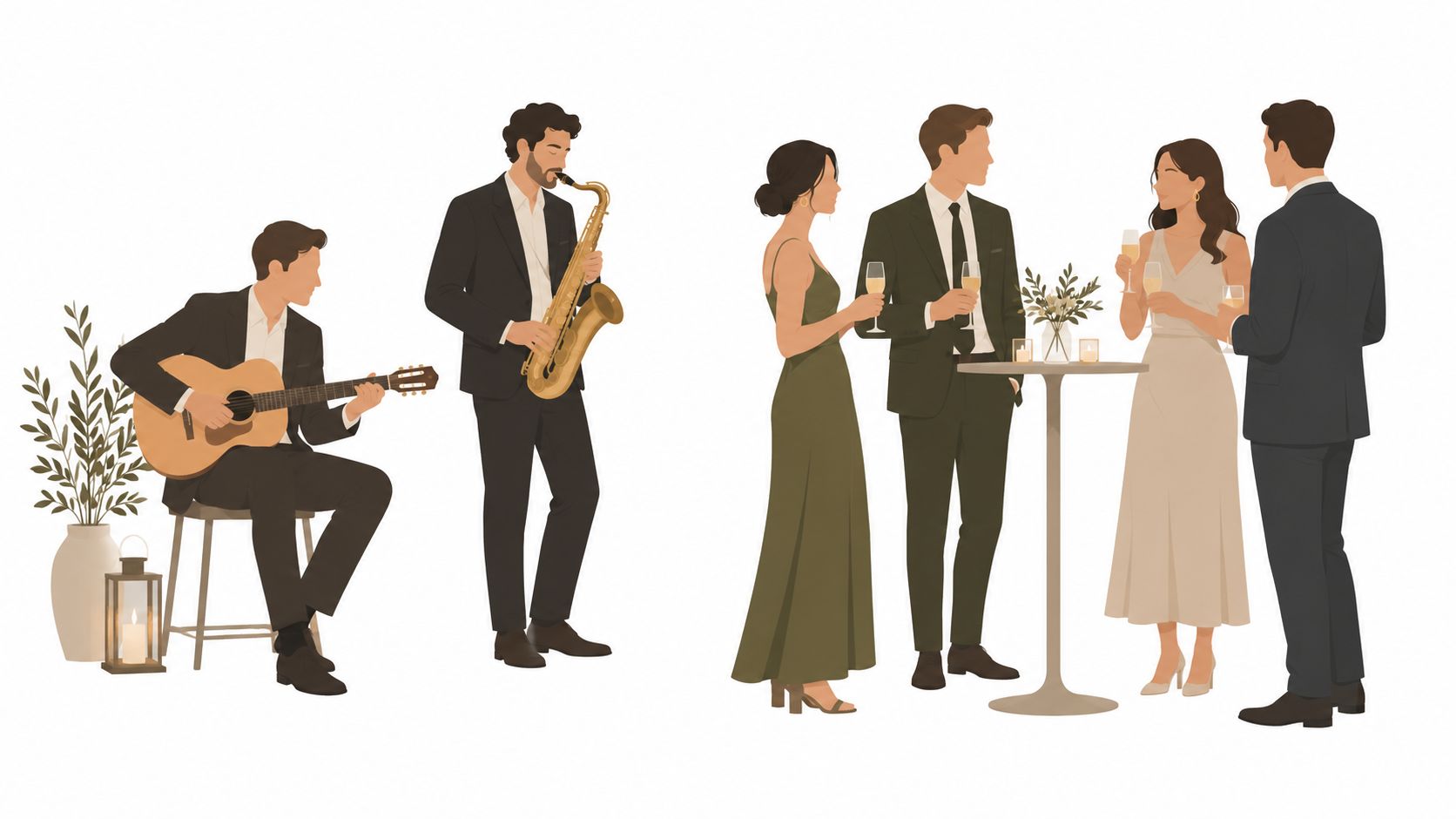 Musicians playing instruments and couples conversing with drinks at an elegant civil wedding reception.