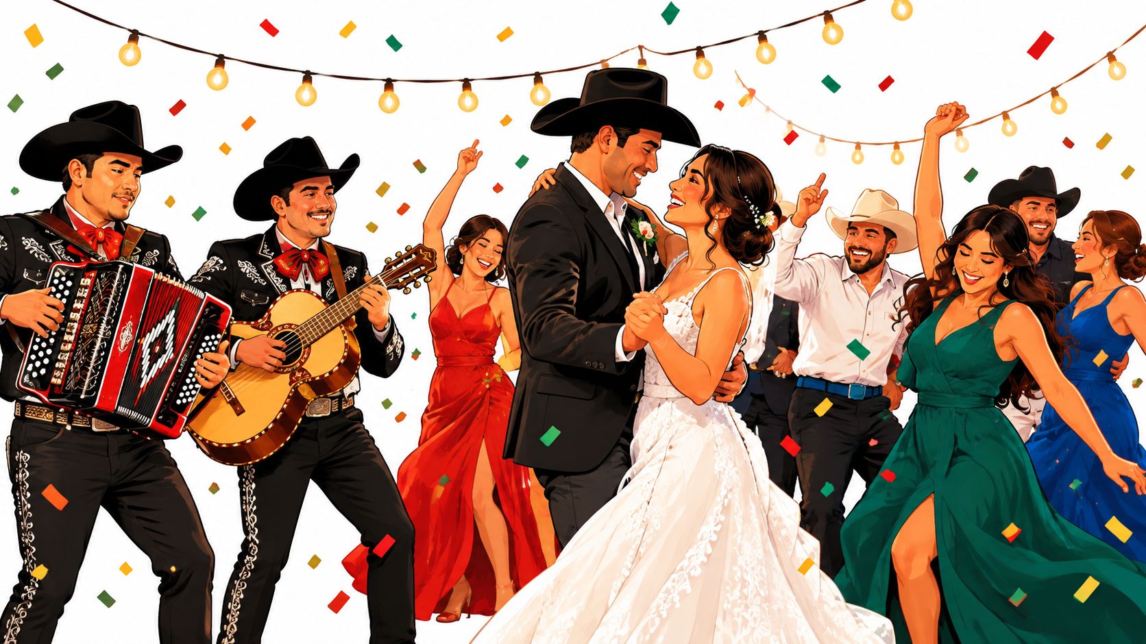 Newlywed couple dancing at their wedding with a norteño band enhancing the festive celebration.